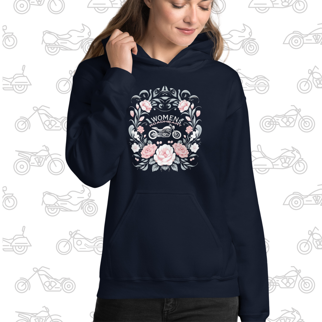 Sweat à capuche hiver moto femme Flowers RoadHeart bleu marine