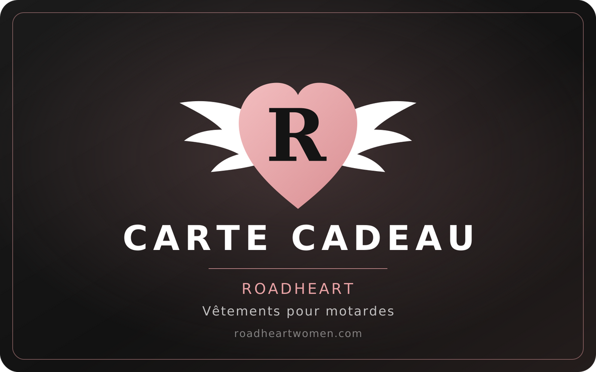 Carte cadeau RoadHeart, cœur ailé rose sur fond noir, pour vêtements moto femme